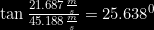 \tan \frac{21.687\frac{m}{s}}{45.188\frac{m}{s}}=25.638^{0}